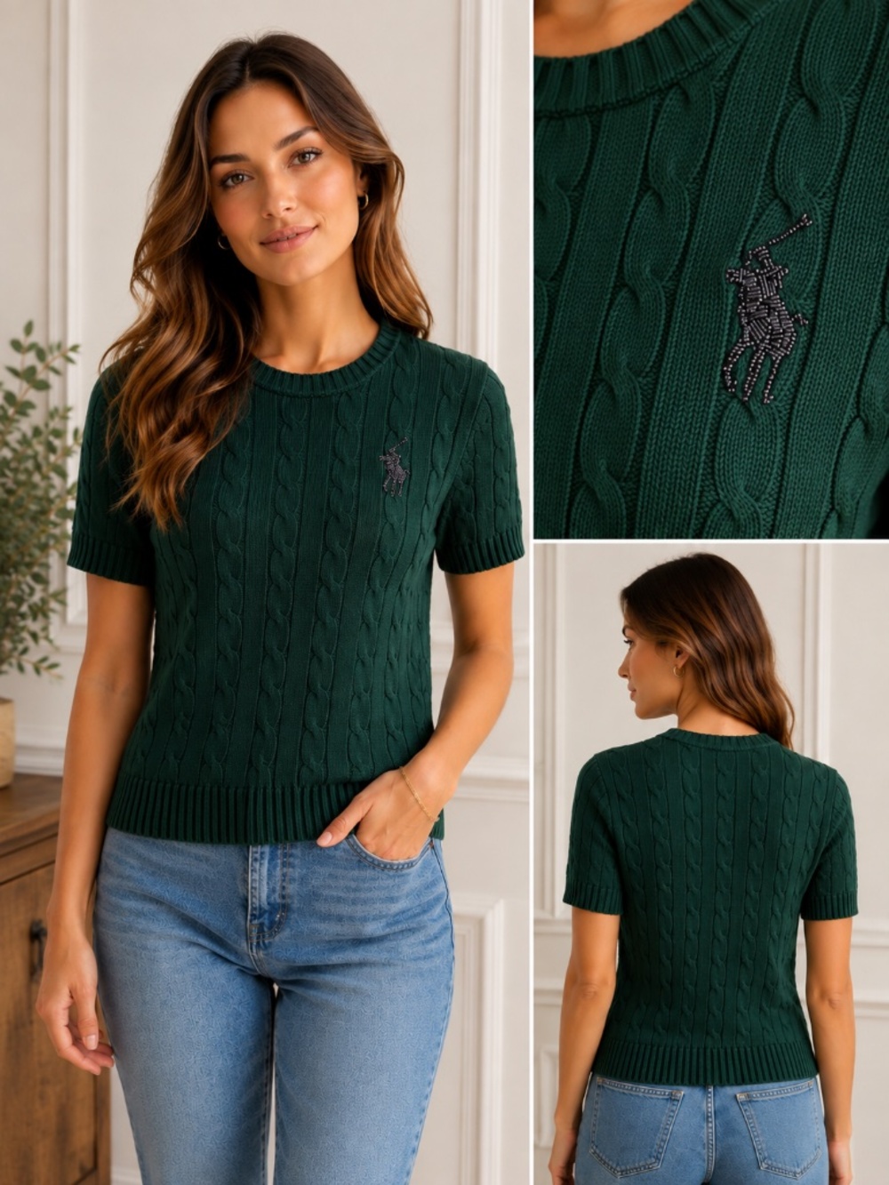 NWT Polo Ralph Lauren Retired Beaded Big Pony Cable Knit Short Sleeve Sweater L - Picture 4 of 11